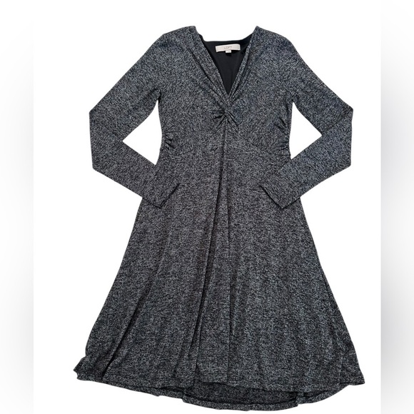 Loft Black Gray Long Sleeve Front Twist Midi Flowy Dress Size S - Picture 6 of 17
